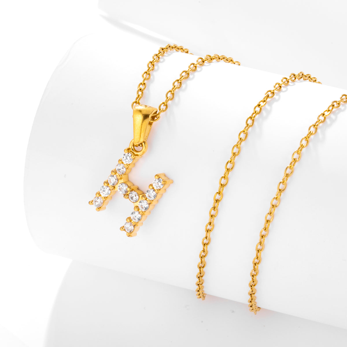 Stainless Steel Initial Necklace for Men and Women, Gold Tone Rhinestone Letter Pendant, A to Z Alphabet Jewelry, 21 x 13 mm