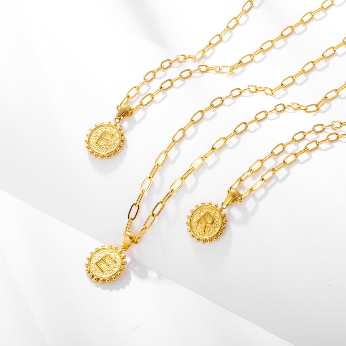 Initial Necklace for Women, Round Coin Letter Pendant, Textured Medallion Charm, Paperclip Chain Jewelry for Daily Wear