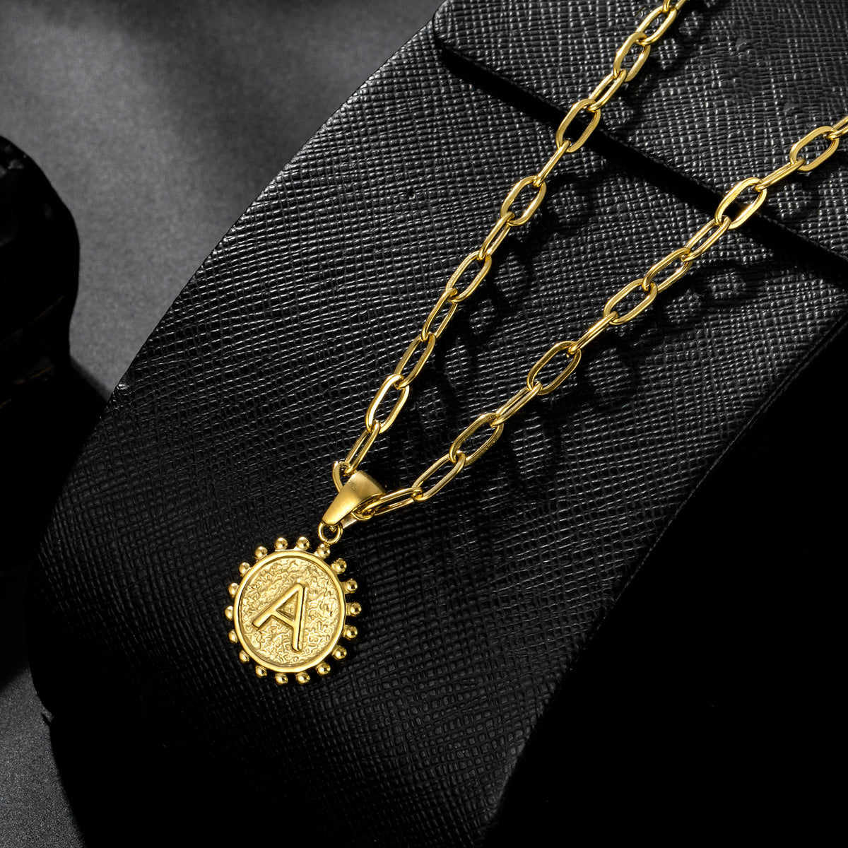 Initial Necklace for Women, Round Coin Letter Pendant, Textured Medallion Charm, Paperclip Chain Jewelry for Daily Wear