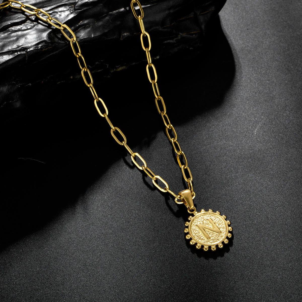 Initial Necklace for Women, Round Coin Letter Pendant, Textured Medallion Charm, Paperclip Chain Jewelry for Daily Wear