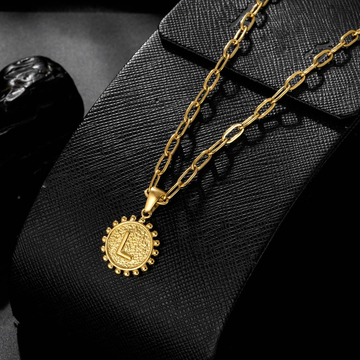 Initial Necklace for Women, Round Coin Letter Pendant, Textured Medallion Charm, Paperclip Chain Jewelry for Daily Wear