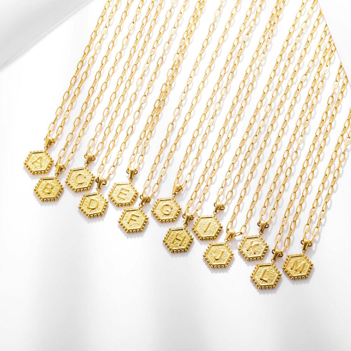 Initial Necklace for Women, Hexagon Letter Pendant, Paperclip Chain, Alphabet A to Z, Geometric Charm Jewelry