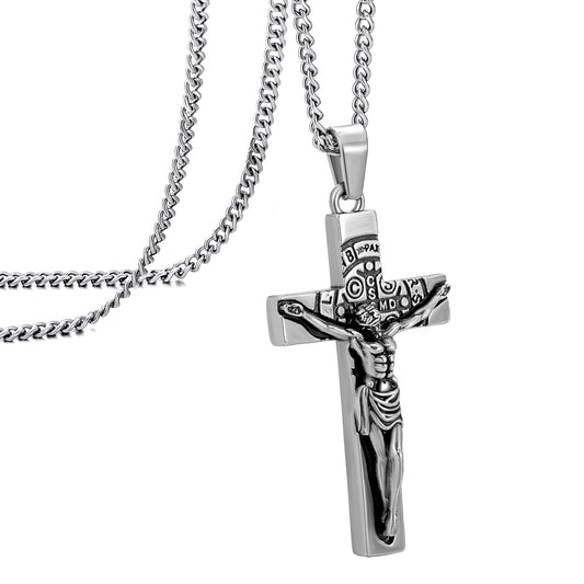 Cross Necklace for Men Women, Stainless Steel Crucifix Cross with Curb Chain Wheat Chain, Religious Faith Jewelry, Gift for Family