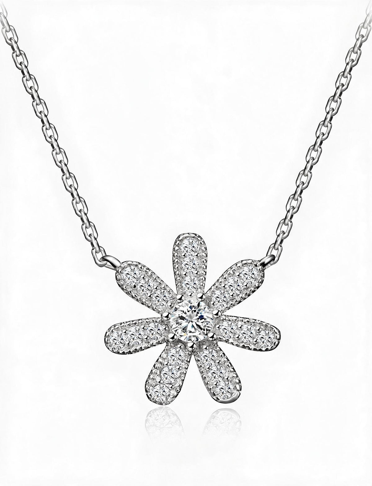 Flower Necklace for Women, Seven Petal Floral Centerpiece with Faceted Details, Dainty Botanical Jewelry for Daily Style
