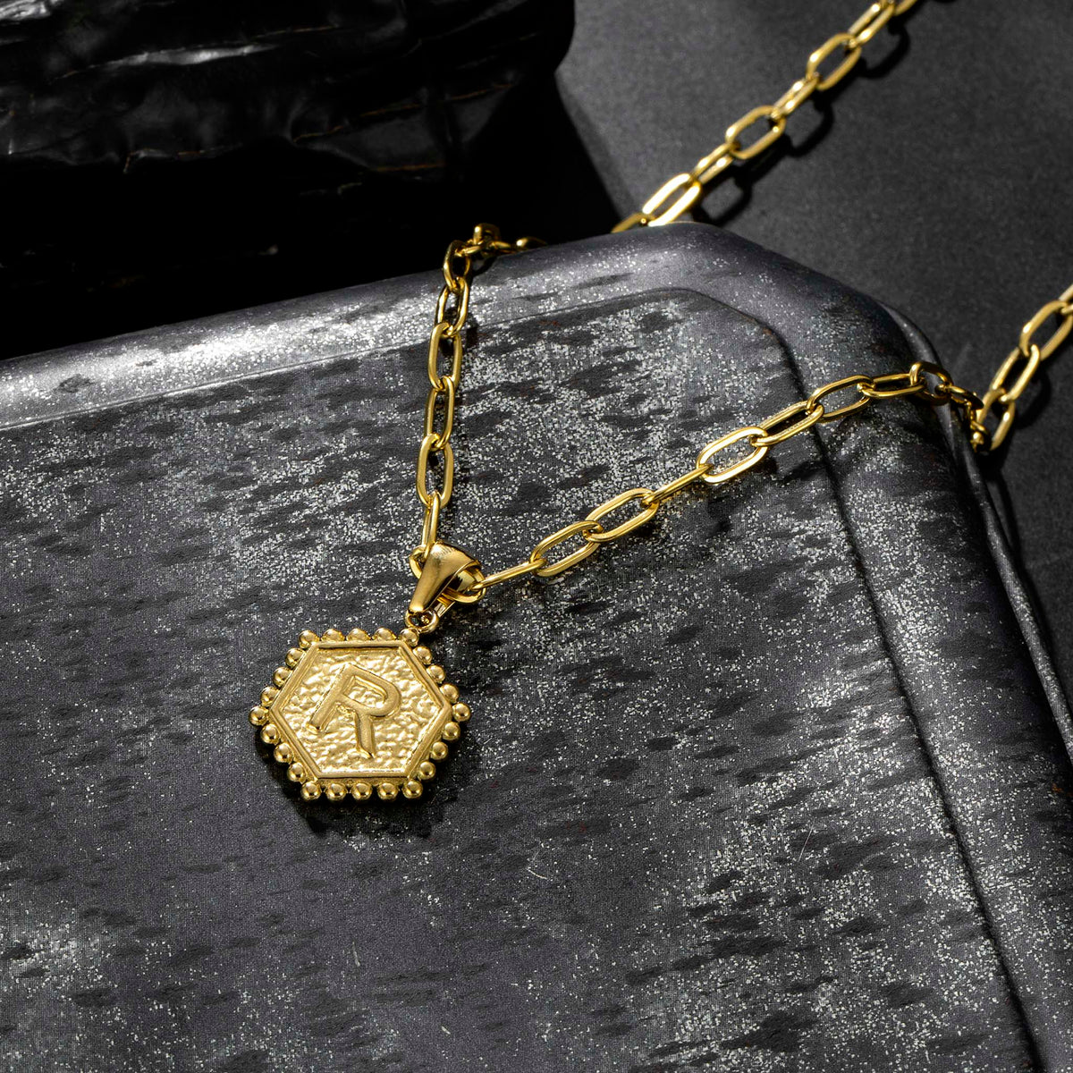 Initial Necklace for Women, Hexagon Letter Pendant, Paperclip Chain, Alphabet A to Z, Geometric Charm Jewelry