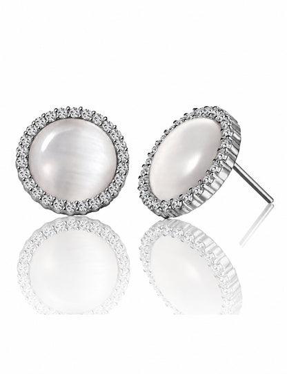 Round Halo Stud Earrings for Women, Cabochon Geometric Statement Studs, Everyday Office Wedding Party Jewelry