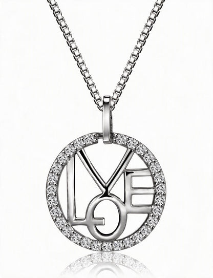 Love Necklace for Women, Round LOVE Letter Pendant with Pave Circle Frame, Openwork Design, Everyday Fashion Jewelry
