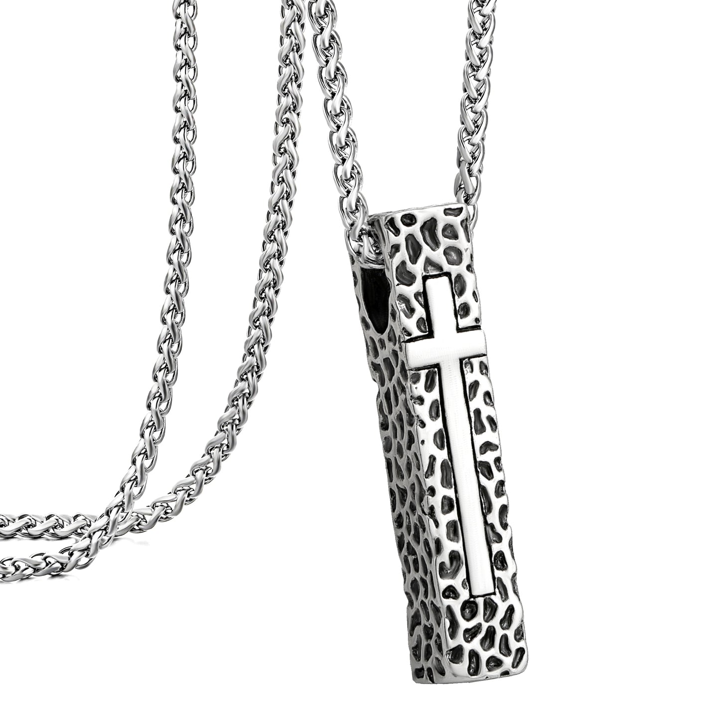 Cross Necklace for Men Women, Stainless Steel Textured Bar Design with Wheat Chain, Religious Faith Jewelry Gift