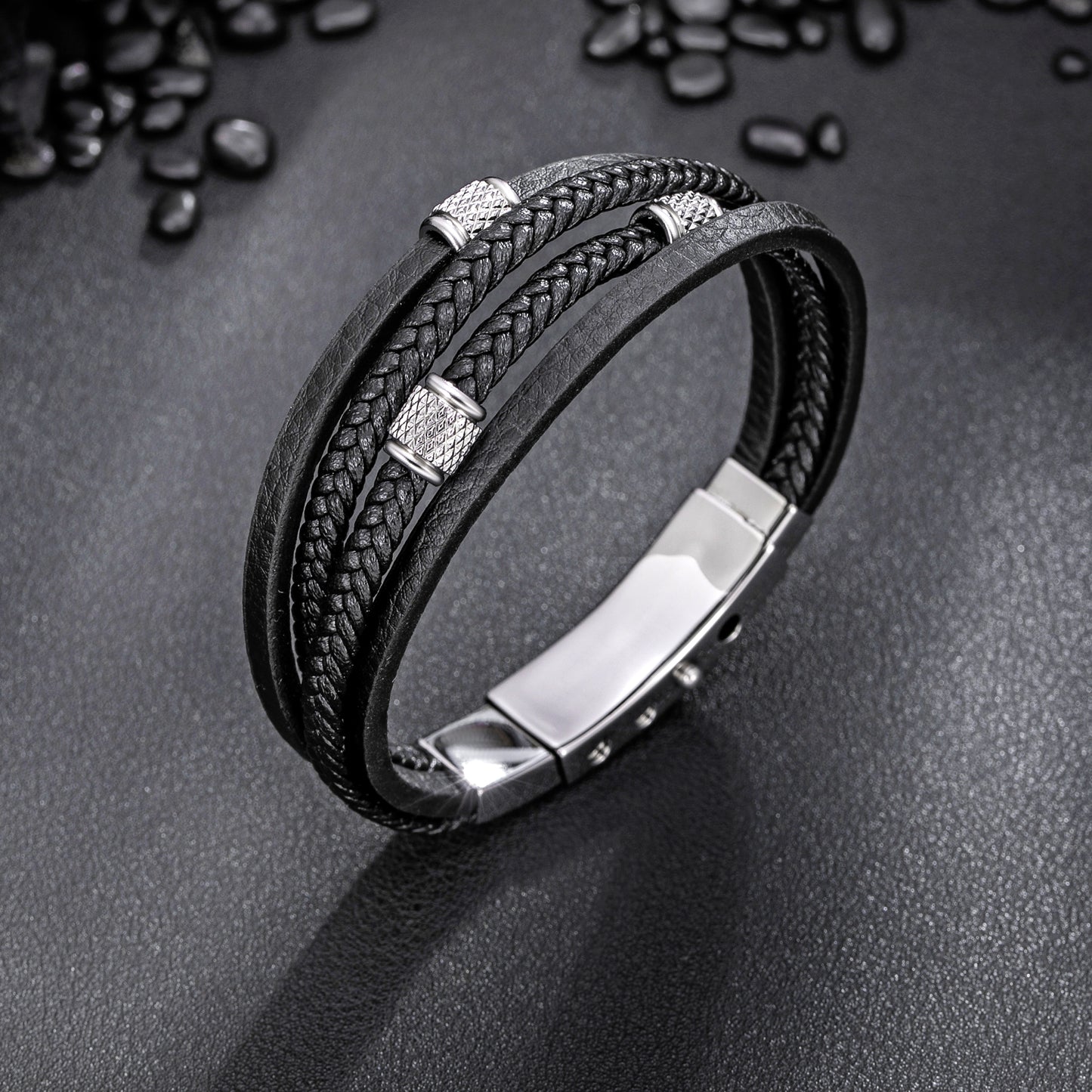 Mens Bracelet Adjustable Clasp Cuff Multi Strand Wristband Leather Bracelet for Daily Wear Minimalist Style Gift for Him
