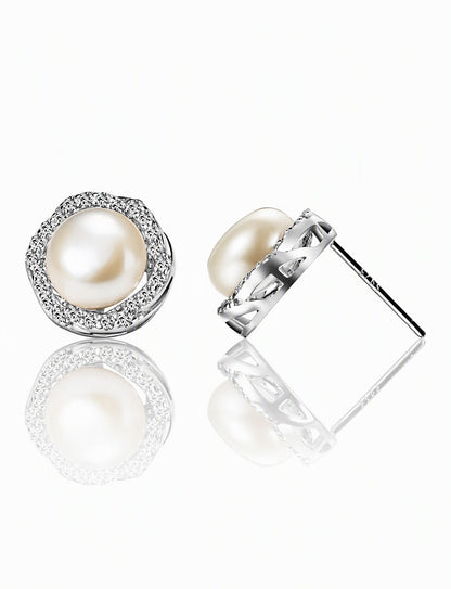 Freshwater Pearl Stud Earrings for Women, Geometric Halo Statement Earrings, Wedding Office Party Jewelry