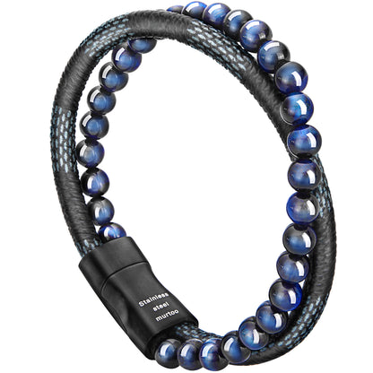 Blue bead and Leather Bracelet BHR00044