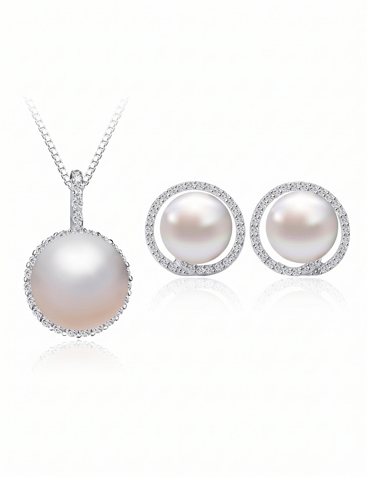 Pearl Jewelry Set for Women, Round Freshwater Pearl Pendant Necklace and Matching Halo Stud Earrings, Daily Wear