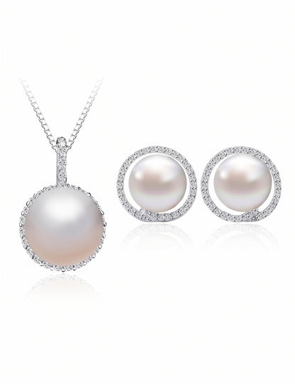 Pearl Jewelry Set for Women, Round Freshwater Pearl Pendant Necklace and Matching Halo Stud Earrings, Daily Wear