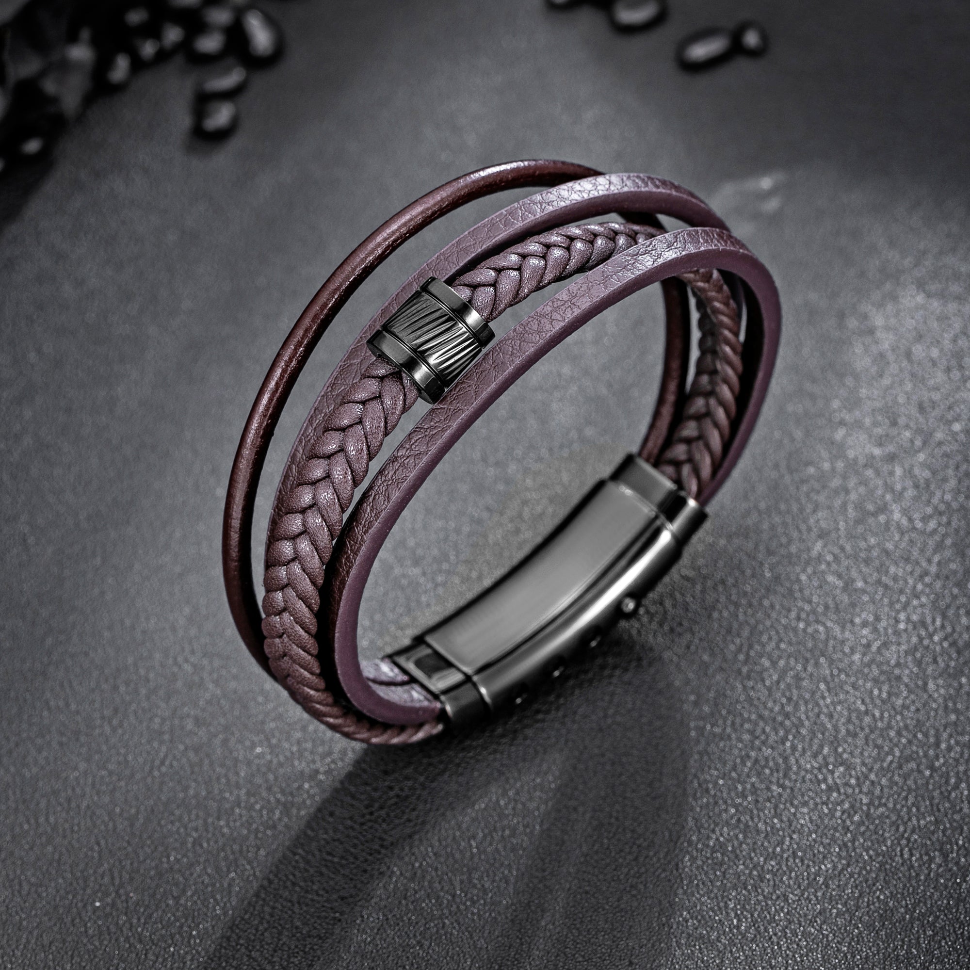 Mens Bracelet Adjustable Clasp Cuff Multi Strand Wristband Leather