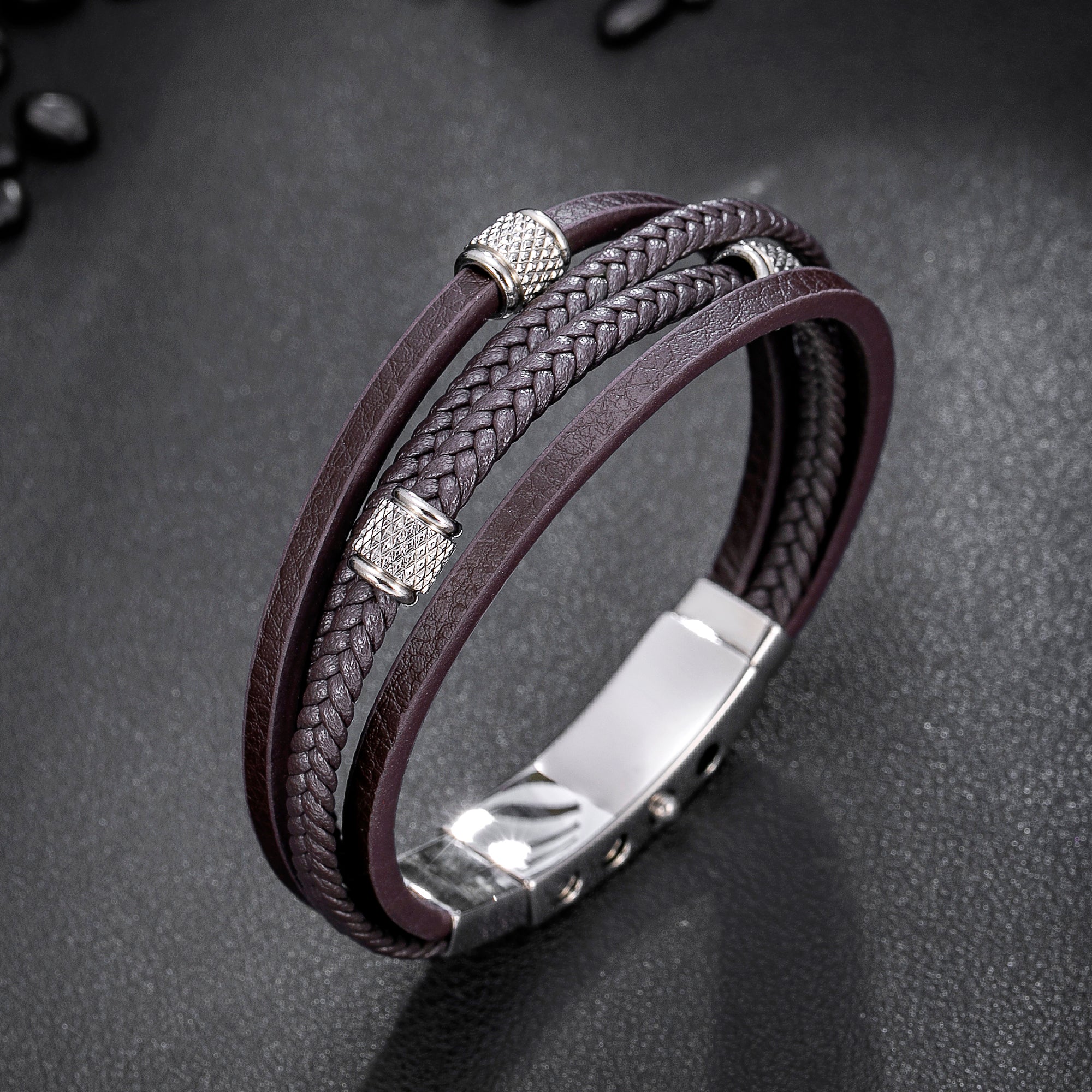 Mens Bracelet Adjustable Clasp Cuff Multi Strand Wristband Leather