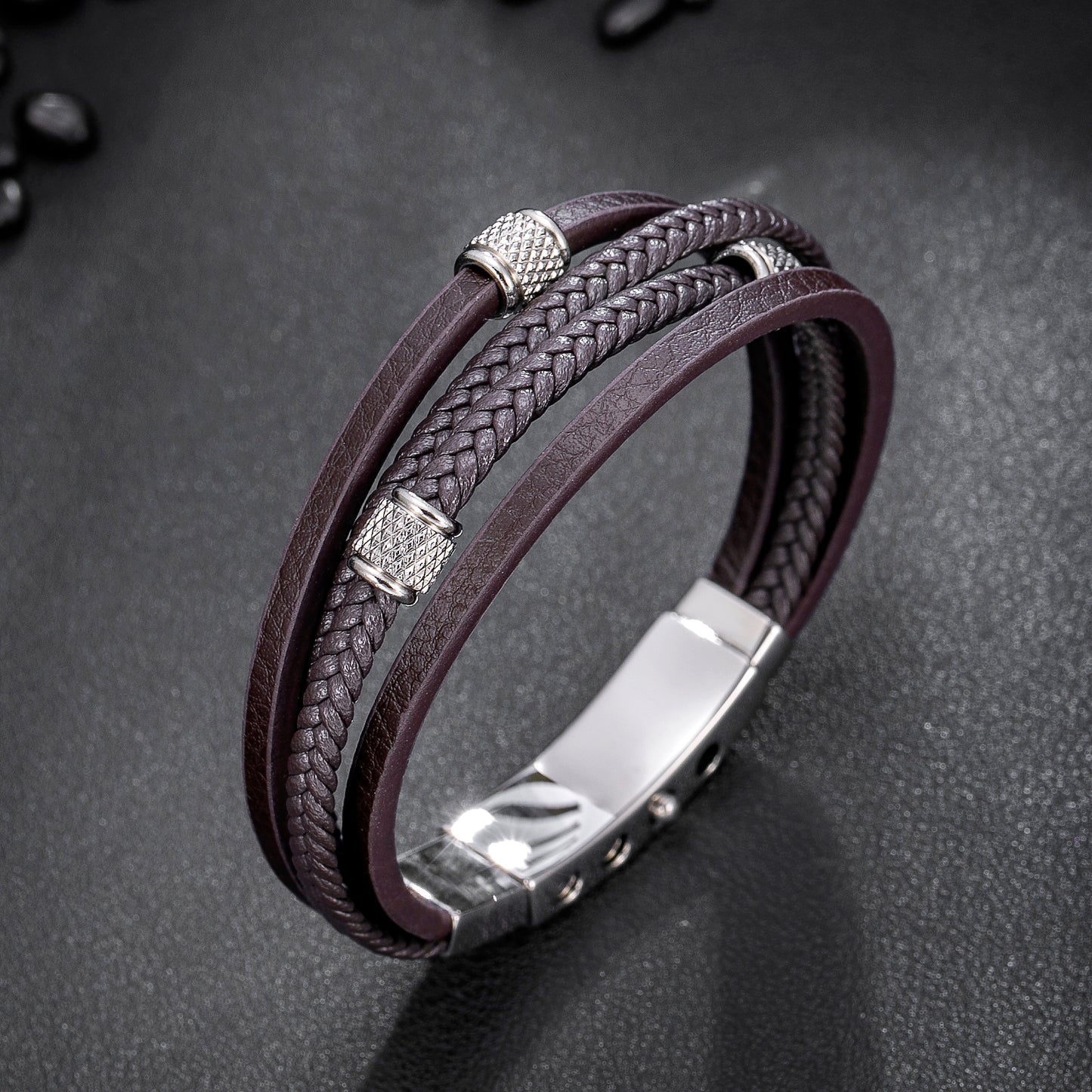 Mens Bracelet Adjustable Clasp Cuff Multi Strand Wristband Leather Bracelet for Daily Wear Minimalist Style Gift for Him