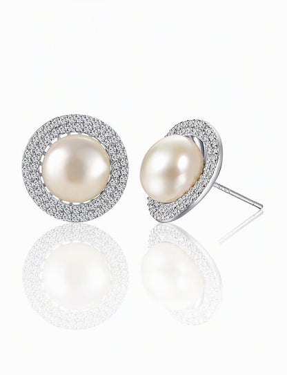 Freshwater Pearl Stud Earrings for Women, Round Halo Statement Earrings, Wedding Office Party Jewelry