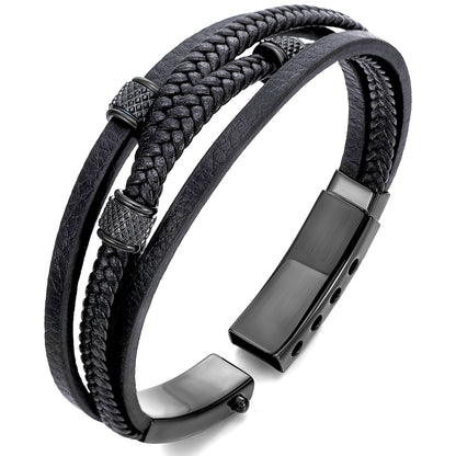 Mens Bracelet Adjustable Clasp Cuff Multi Strand Wristband Leather Bracelet for Daily Wear Minimalist Style Gift for Him