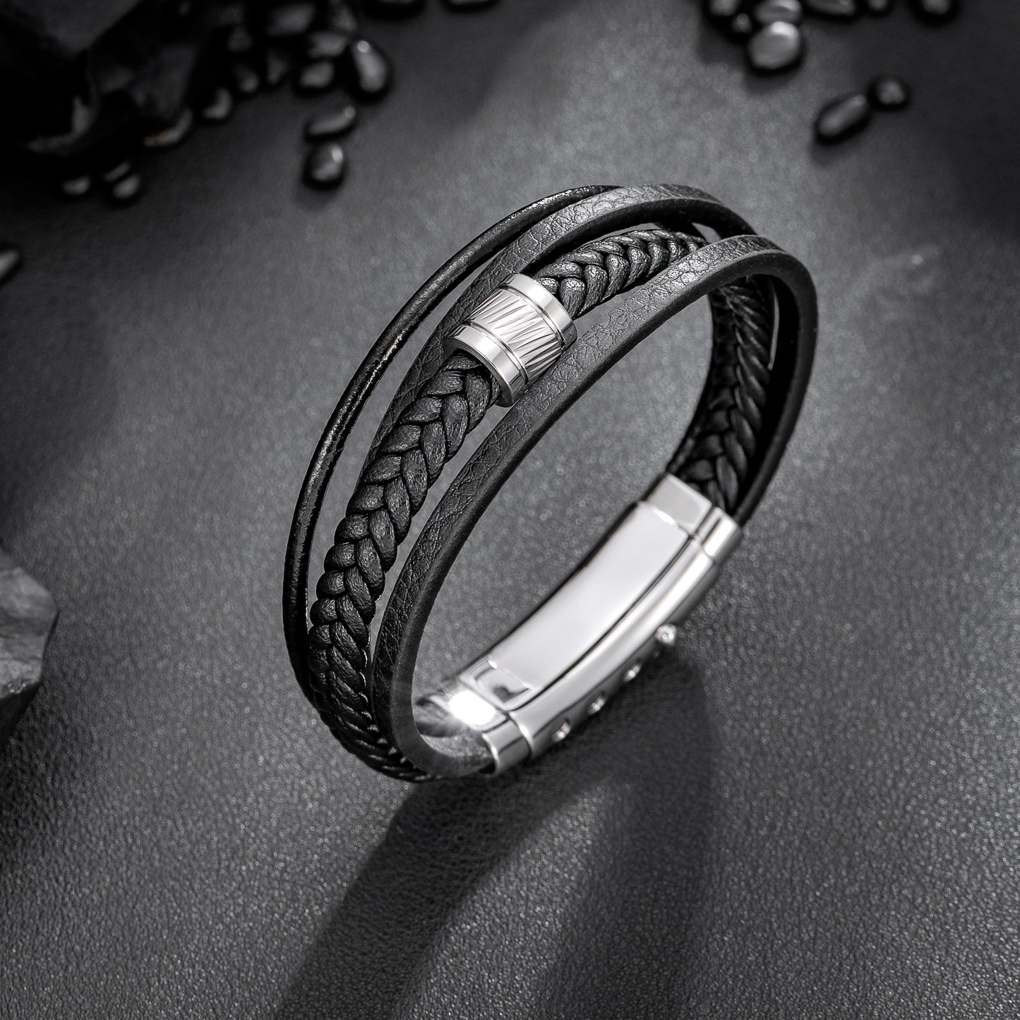 Mens Bracelet Adjustable Clasp Cuff Multi Strand Wristband Leather Bracelet for Daily Wear Minimalist Style Gift for Him