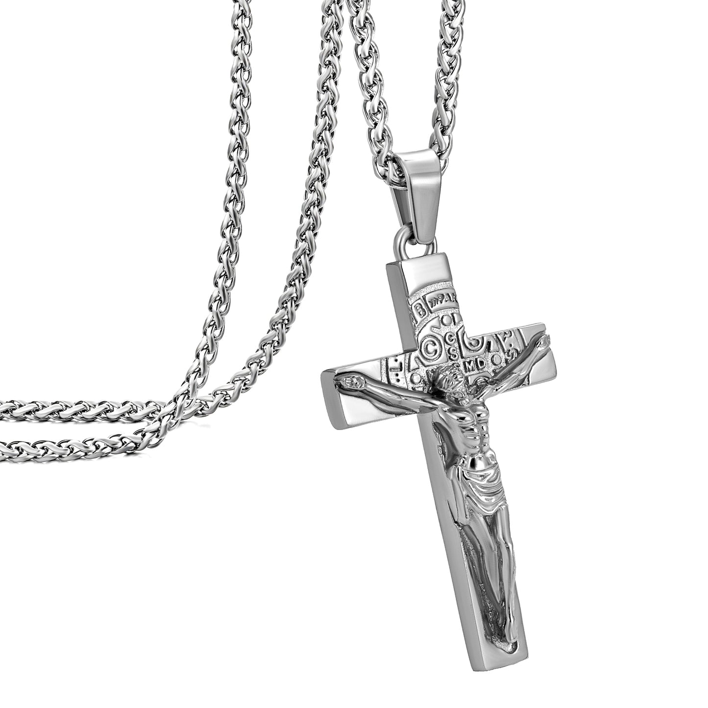 Cross Necklace for Men Women, Stainless Steel Crucifix Cross with Curb Chain Wheat Chain, Religious Faith Jewelry, Gift for Family