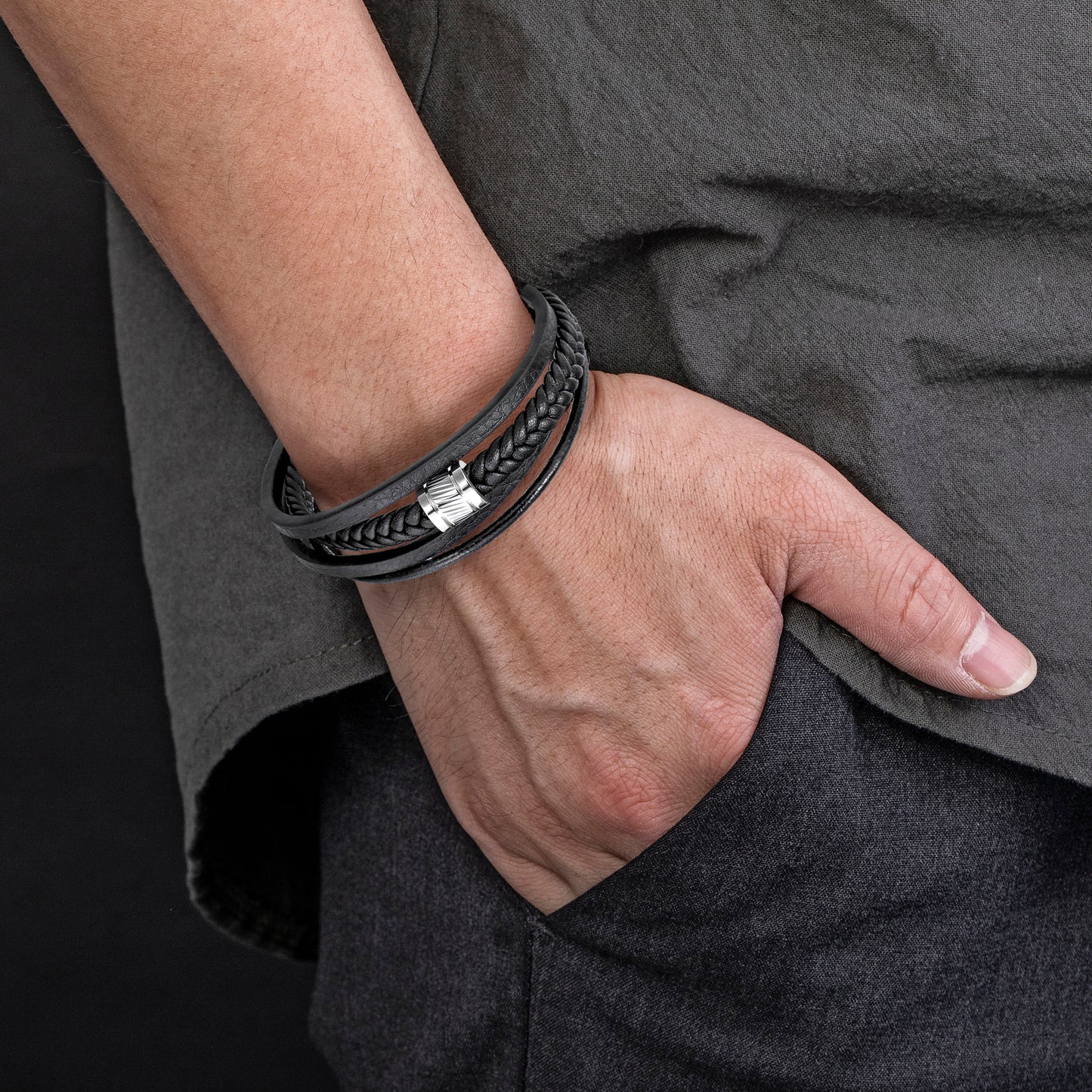 Mens Bracelet Adjustable Clasp Cuff Multi Strand Wristband Leather Bracelet for Daily Wear Minimalist Style Gift for Him