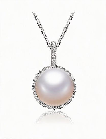 Freshwater Pearl Necklace, 925 Sterling Silver Pearl Pendant Jewelry with Silver Chain, Round Pearl Necklace for Women