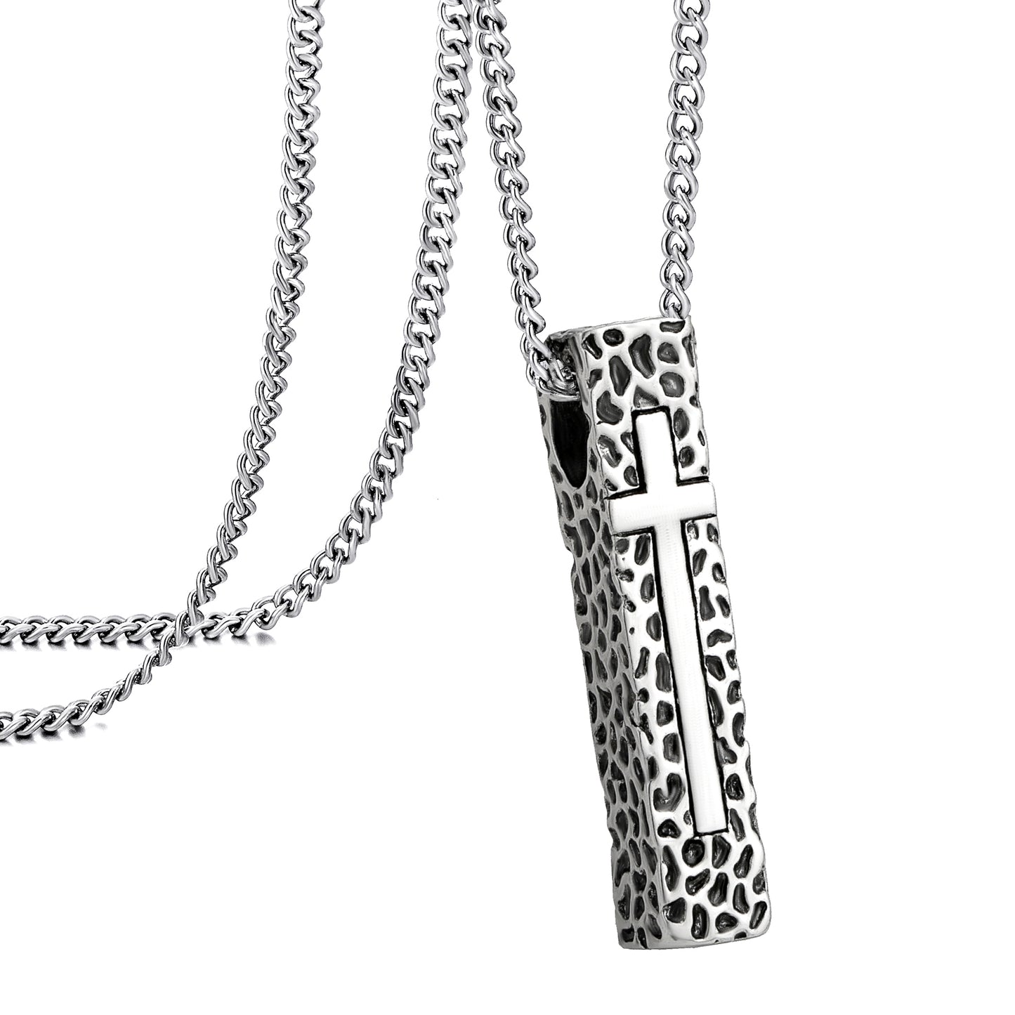 Cross Necklace for Men Women, Stainless Steel Textured Bar Design with Wheat Chain, Religious Faith Jewelry Gift