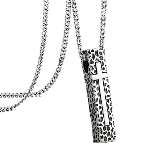 Cross Necklace for Men Women, Stainless Steel Textured Bar Design with Wheat Chain, Religious Faith Jewelry Gift