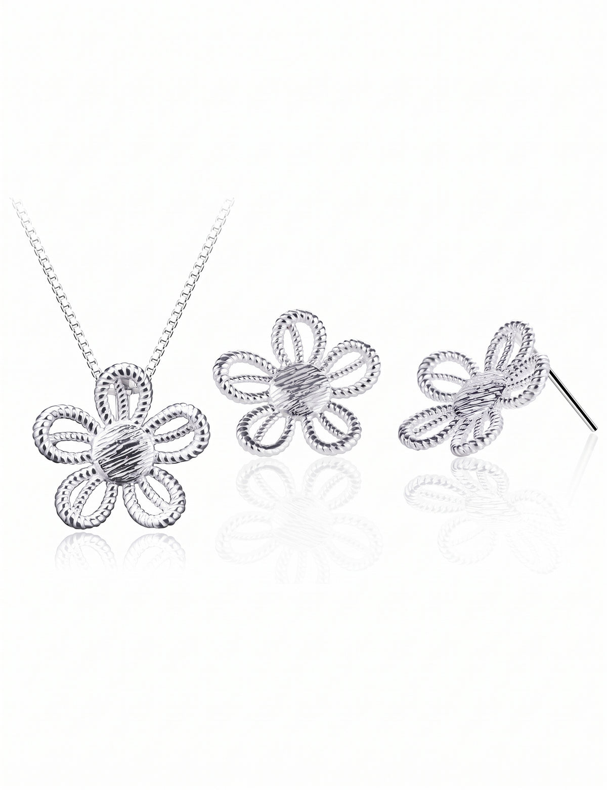 Flower Jewelry Set for Women, Five Petal Openwork Floral Pendant Necklace and Matching Stud Earrings, Daily Accessories