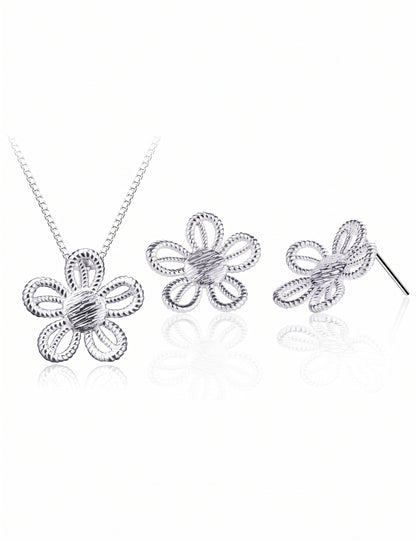 Flower Jewelry Set for Women, Five Petal Openwork Floral Pendant Necklace and Matching Stud Earrings, Daily Accessories