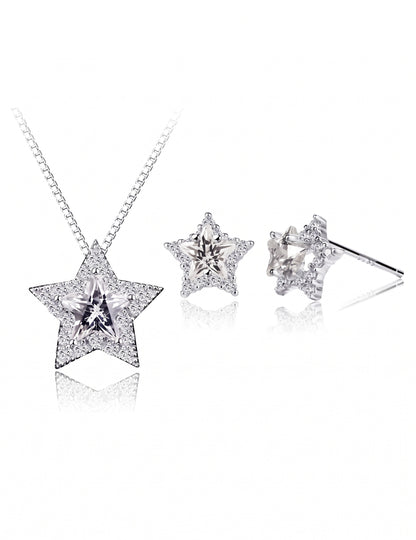 Star Jewelry Set for Women, Sterling Silver Five Point Star Pendant Necklace and Matching Stud Earrings, Daily Fashion