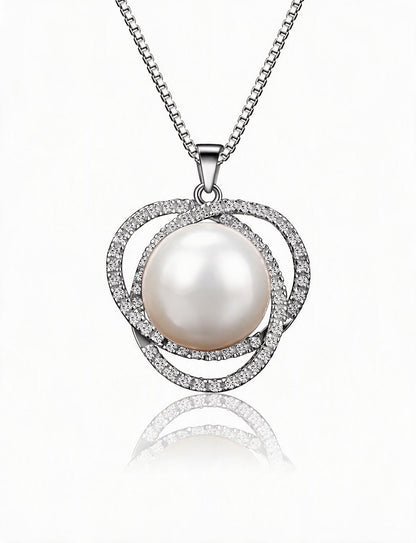 Freshwater Pearl Necklace for Women, Interlocking Circle Pendant with Pave Stone Accents, Modern Everyday Jewelry