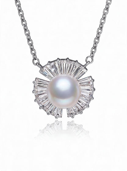 Freshwater Pearl Necklace for Women, Sunburst Pearl Pendant with Radiating Baguette Style Stone Accents, Daily Jewelry