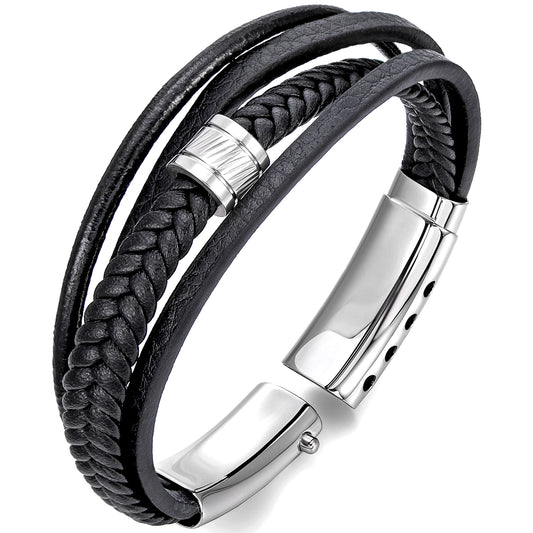 Mens Bracelet Adjustable Clasp Cuff Multi Strand Wristband Leather Bracelet for Daily Wear Minimalist Style Gift for Him