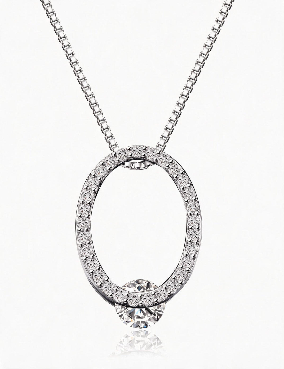 Oval Pendant Necklace for Women, Openwork Oval Frame with Pave Stone Accents and Round Stone Detail, Everyday Jewelry