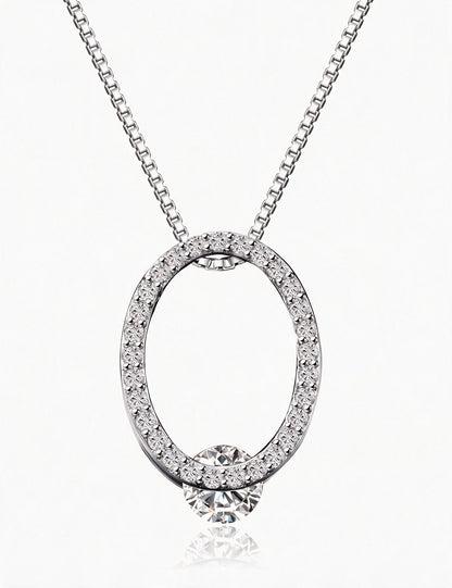Oval Pendant Necklace for Women, Openwork Oval Frame with Pave Stone Accents and Round Stone Detail, Everyday Jewelry