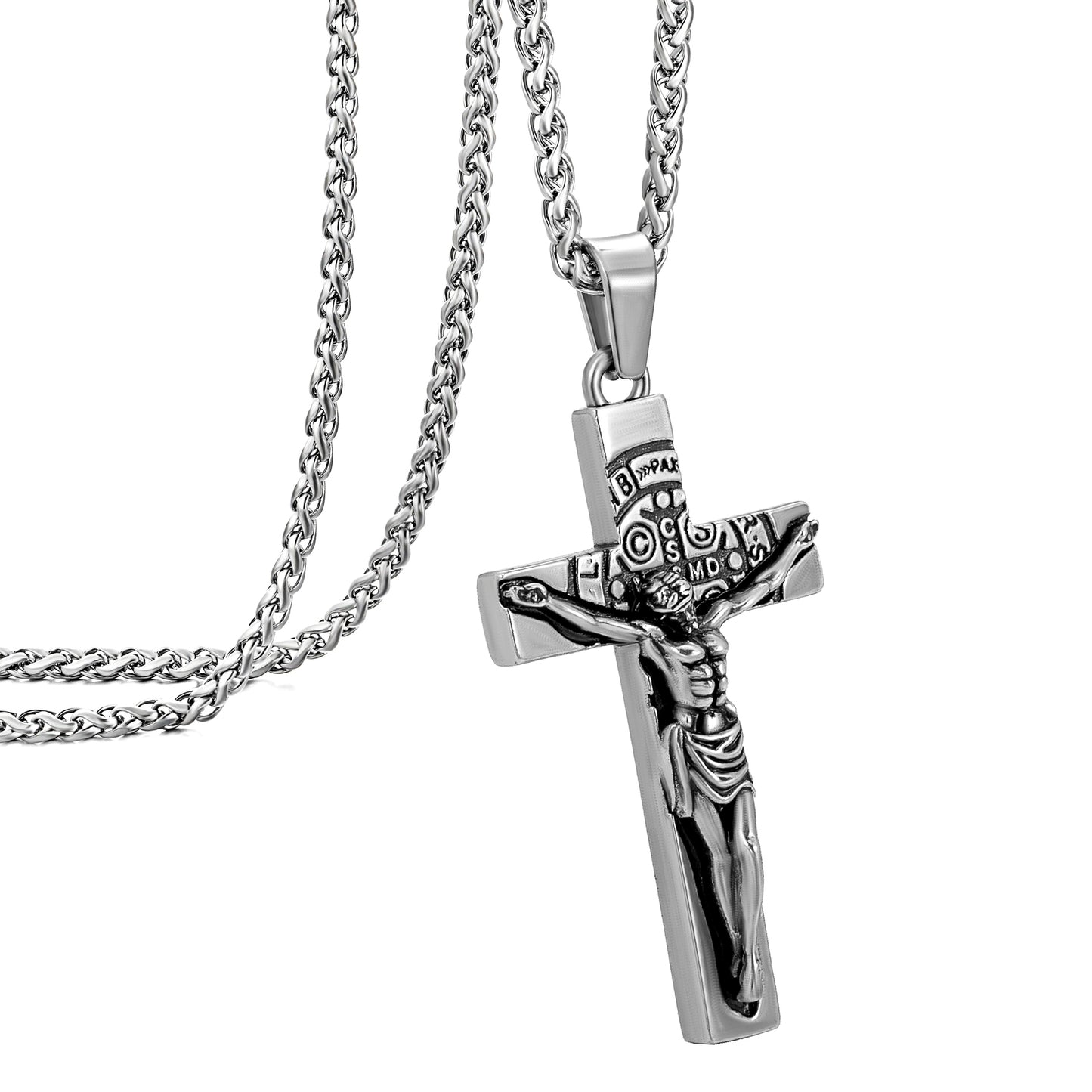 Cross Necklace for Men Women, Stainless Steel Crucifix Cross with Curb Chain Wheat Chain, Religious Faith Jewelry, Gift for Family