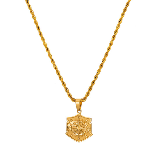 Gold Shield Compass Pendant Necklace Twisted Rope Chain N00398