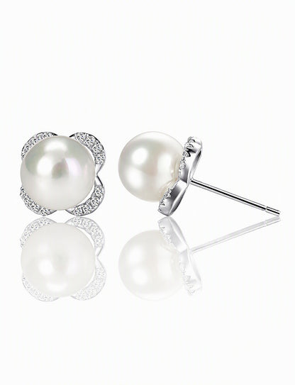 Freshwater Pearl Flower Stud Earrings for Women, Floral Statement Studs, Everyday Office Wedding Party Jewelry