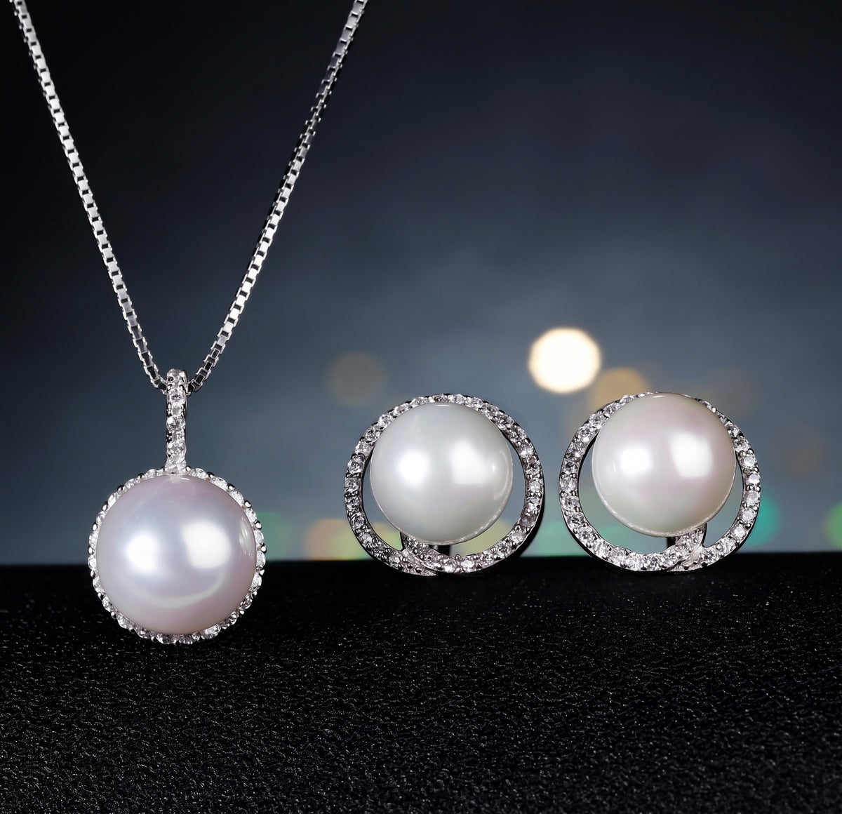Pearl Jewelry Set for Women, Round Freshwater Pearl Pendant Necklace and Matching Halo Stud Earrings, Daily Wear