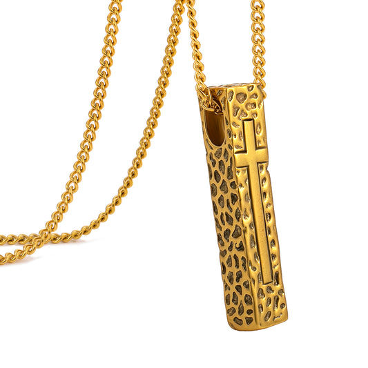 Cross Necklace for Men Women, Stainless Steel Textured Bar Design with Wheat Chain, Religious Faith Jewelry Gift