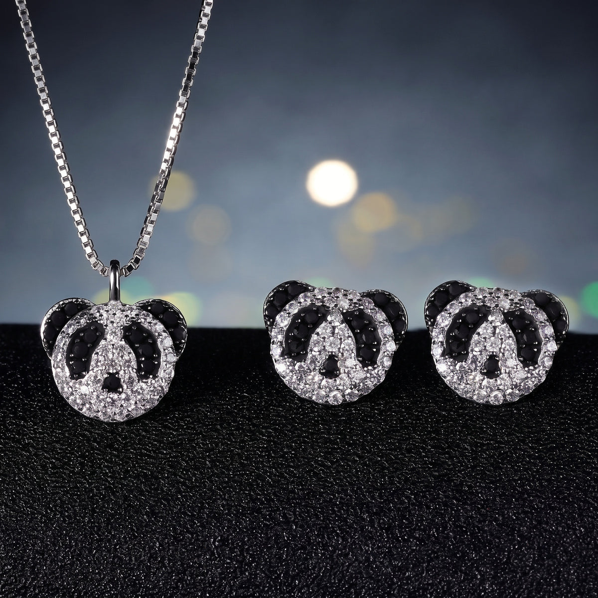 Panda Necklace and Earrings Set, Black and White Panda Jewelry Set, Stud Earrings and Pendant Necklace for Women