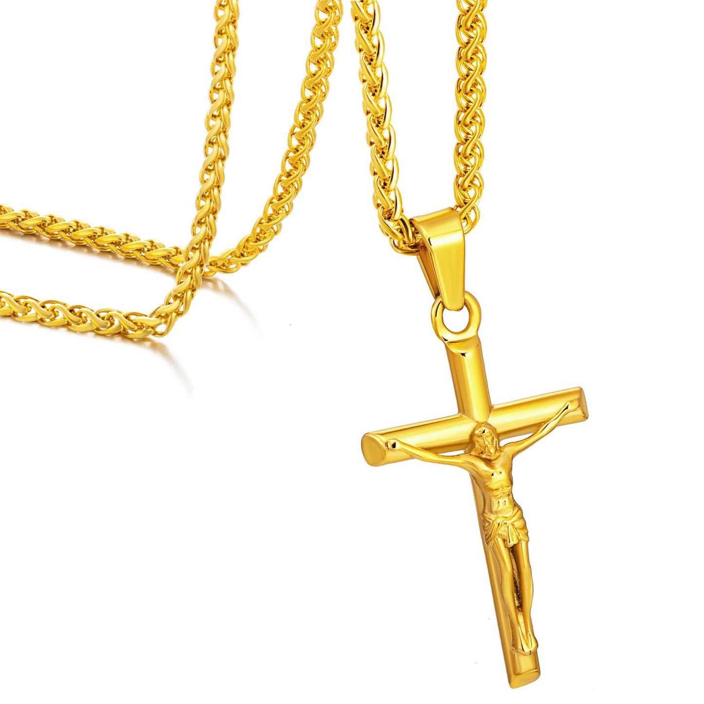Gold Jesus Cross Necklace Wheat Chain N00424