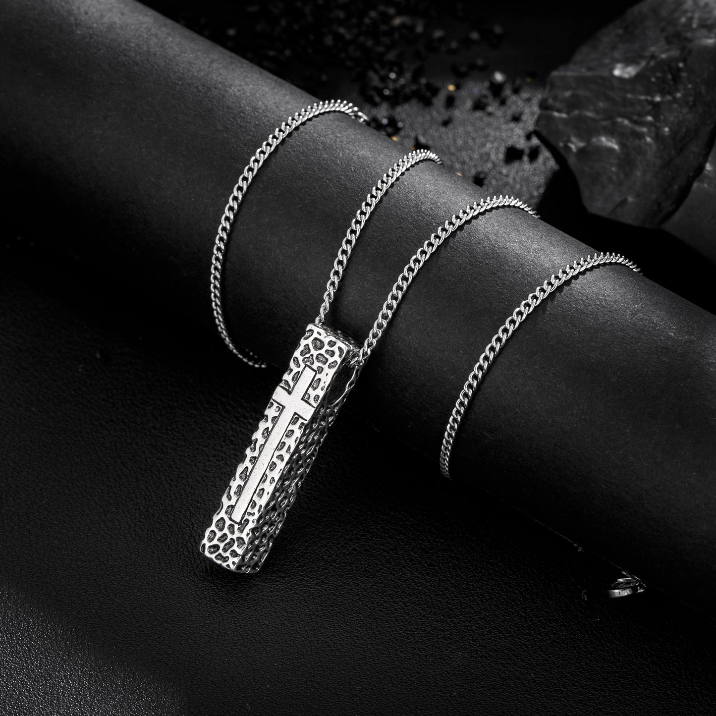 Cross Necklace for Men Women, Stainless Steel Textured Bar Design with Wheat Chain, Religious Faith Jewelry Gift