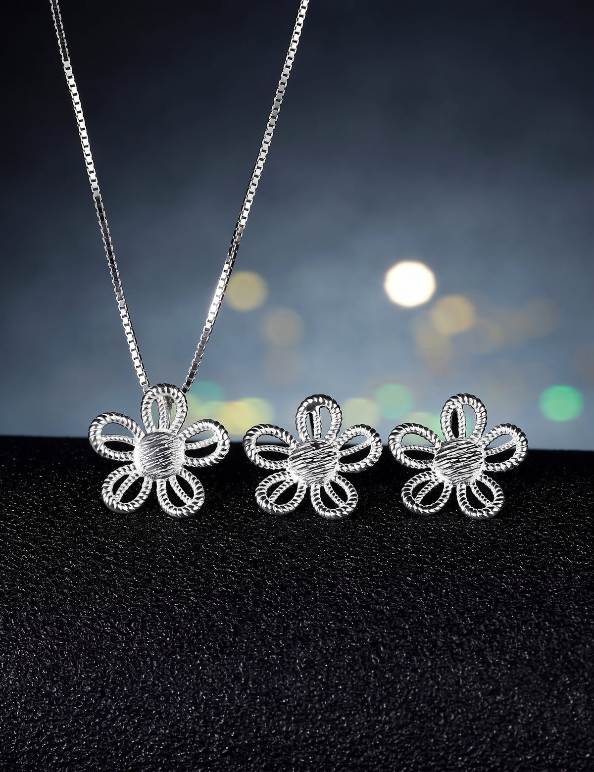 Flower Jewelry Set for Women, Five Petal Openwork Floral Pendant Necklace and Matching Stud Earrings, Daily Accessories