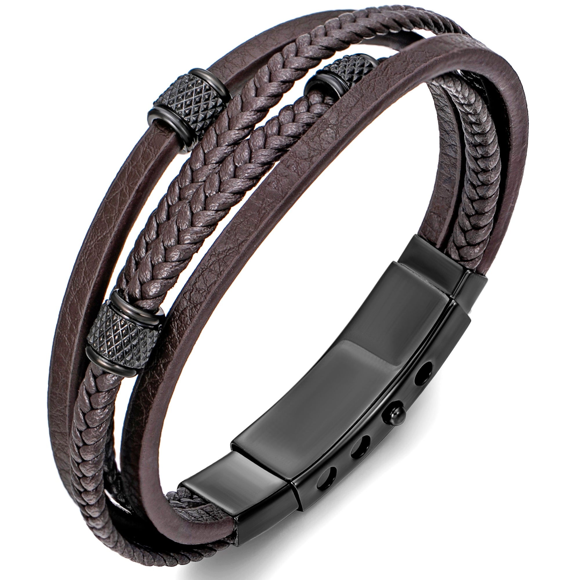 Mens Bracelet Adjustable Clasp Cuff Multi Strand Wristband Leather