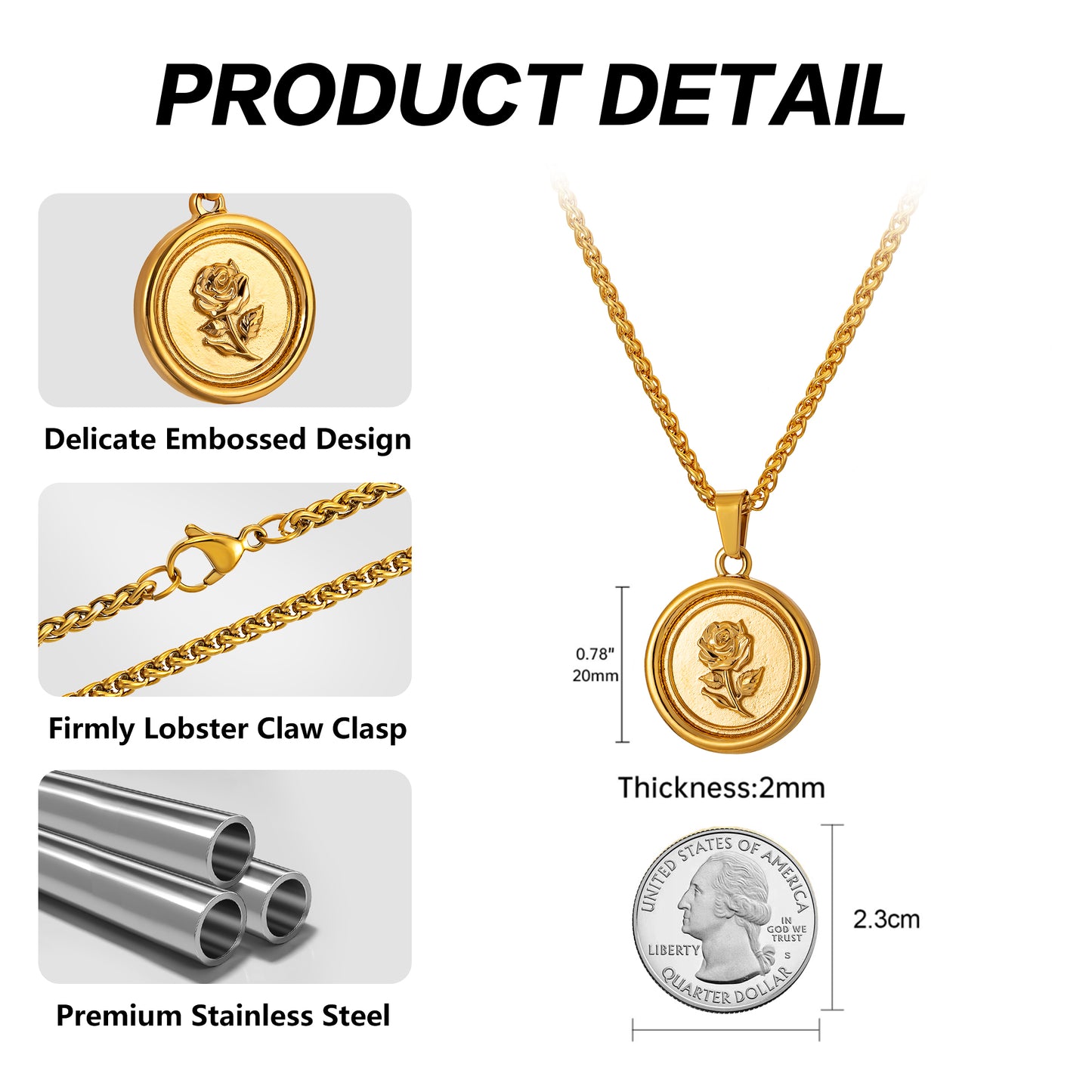 Gold Rose Pendant Necklace Wheat Chain N01544