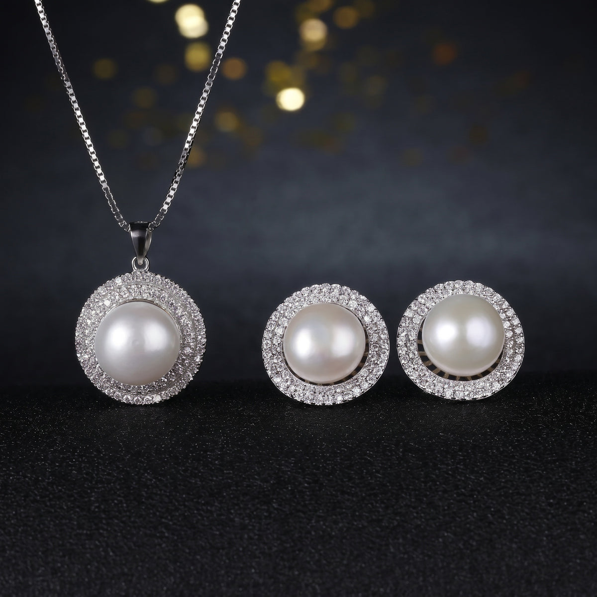 Freshwater Pearl Necklace and Earrings Set, S925 Silver Round Halo Jewelry Set for Women