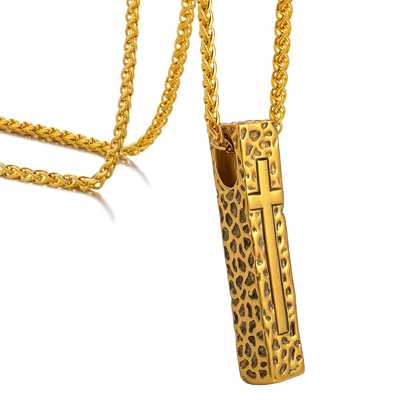 Cross Necklace for Men Women, Stainless Steel Textured Bar Design with Wheat Chain, Religious Faith Jewelry Gift