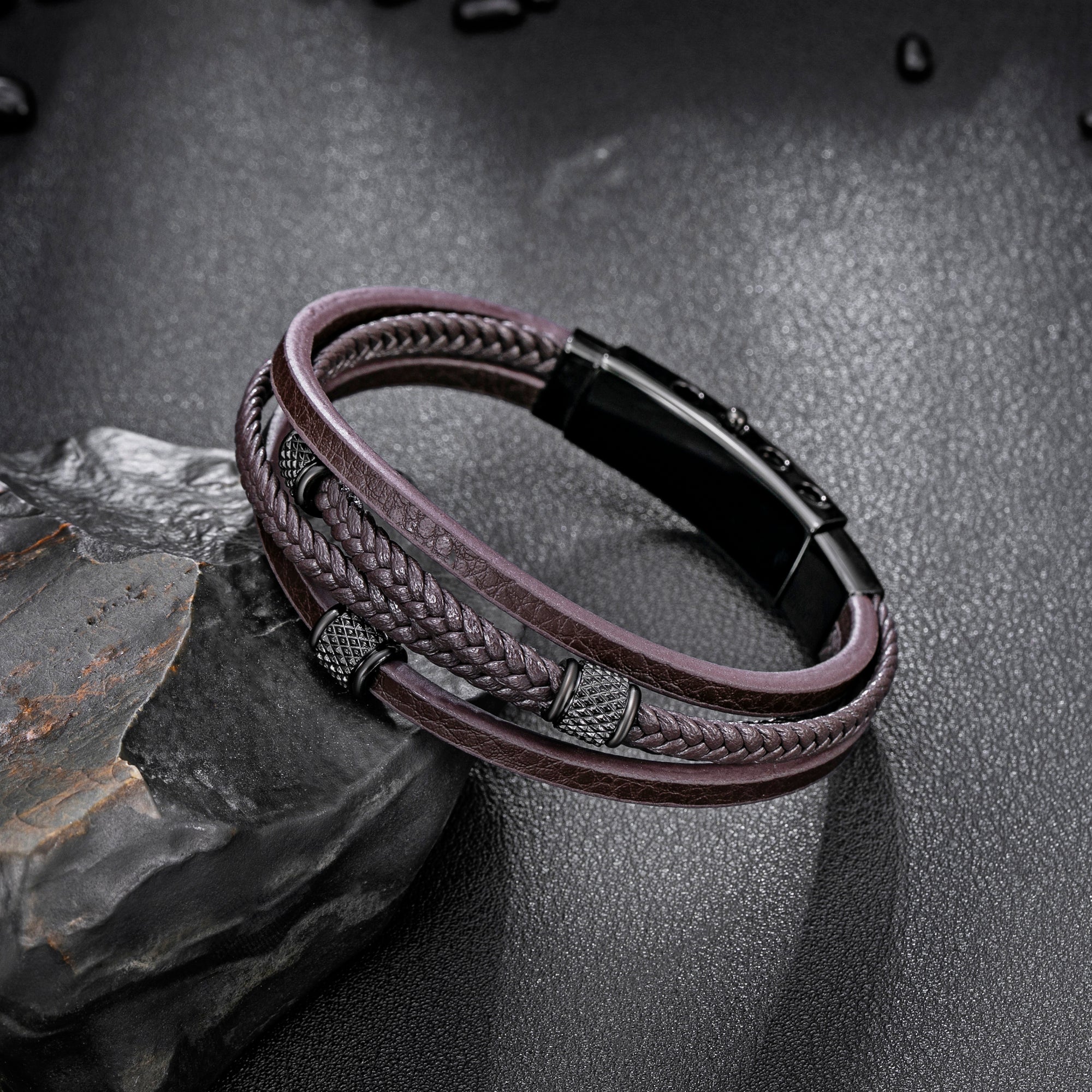 Mens Bracelet Adjustable Clasp Cuff Multi Strand Wristband Leather